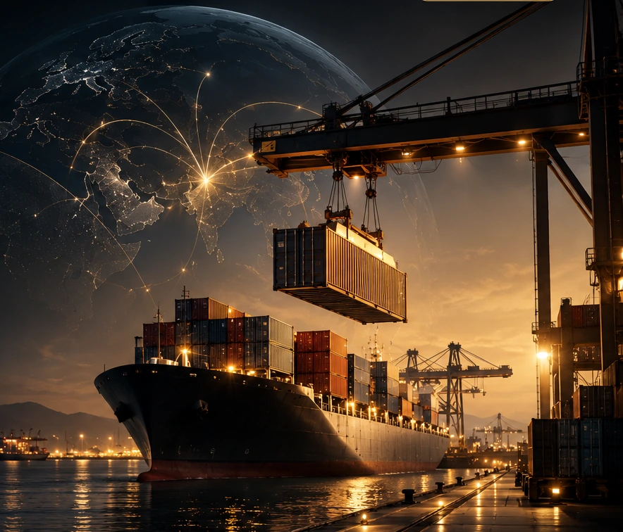International cargo port, crane and shipping containers